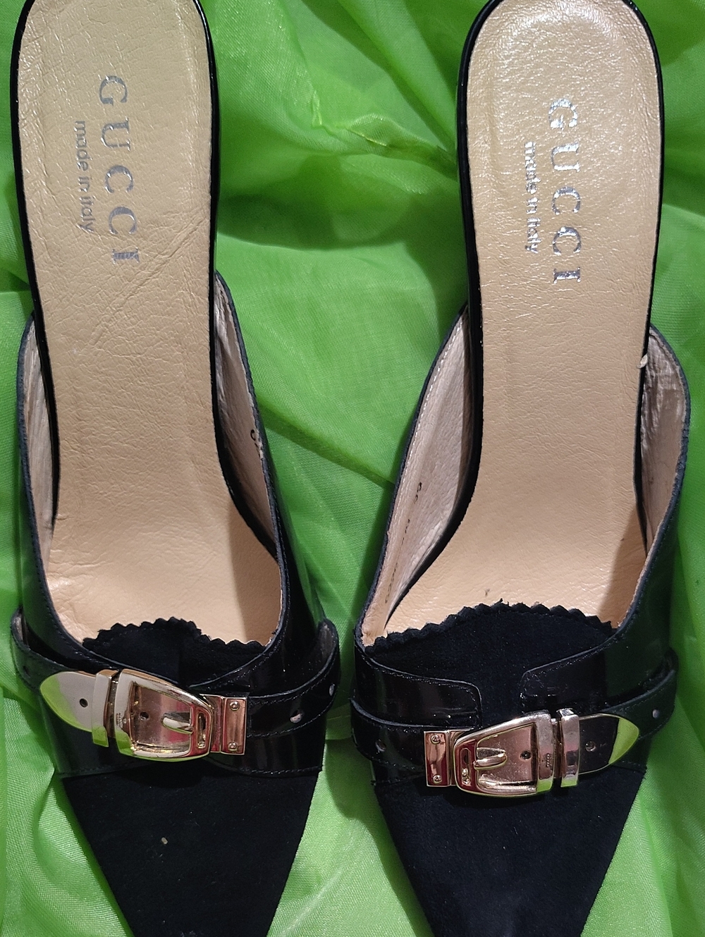 Gucci Black Pointed Suede Mule with Gold Buckle